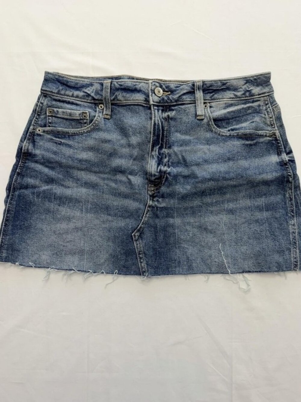 Blue Denim Mini Raw Hem Stretch Pockets Button